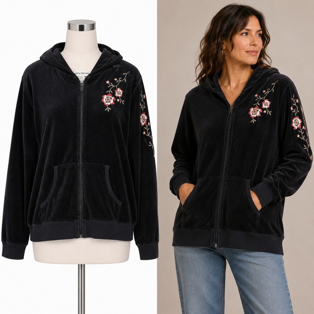 Y2K Cathy Daniels Velour Hoodie Large Black Floral Embroidered Zip Up Vintage